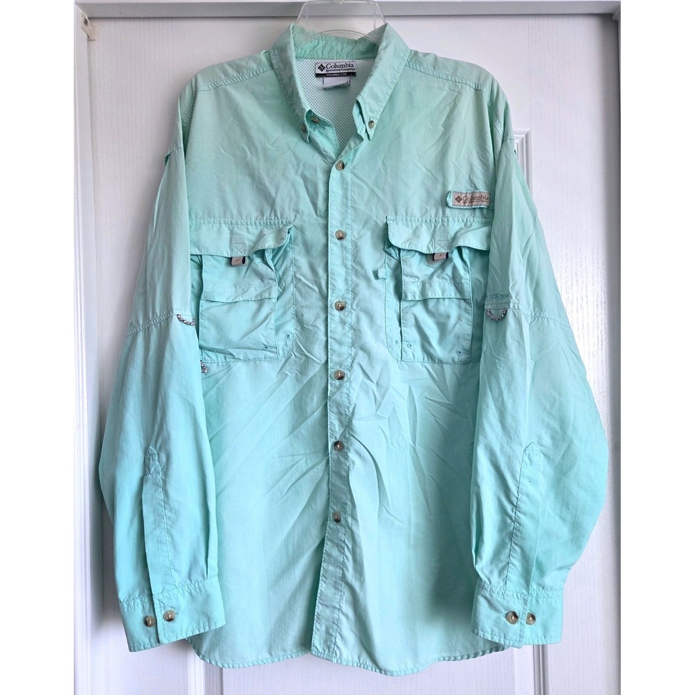 Columbia PFG Bahama II Fishing Shirt Mint Green Long Sleeve Sz L SPF 30 Outdoor